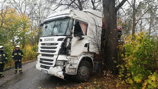 Ciężarówka uderzyła w drzewo. Droga zablokowana