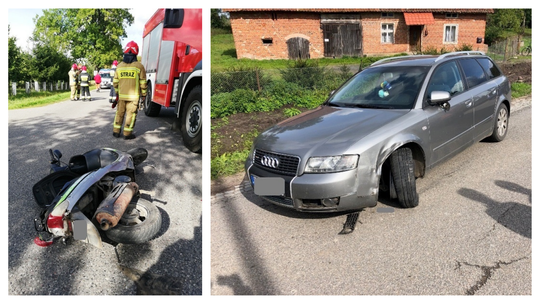 Ranna motorowerzystka, zderzenie aut i pożar