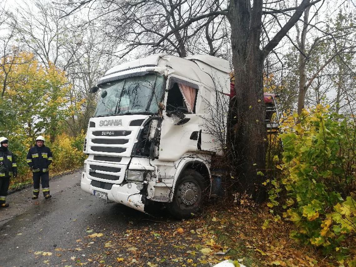 Ciężarówka uderzyła w drzewo. Droga zablokowana