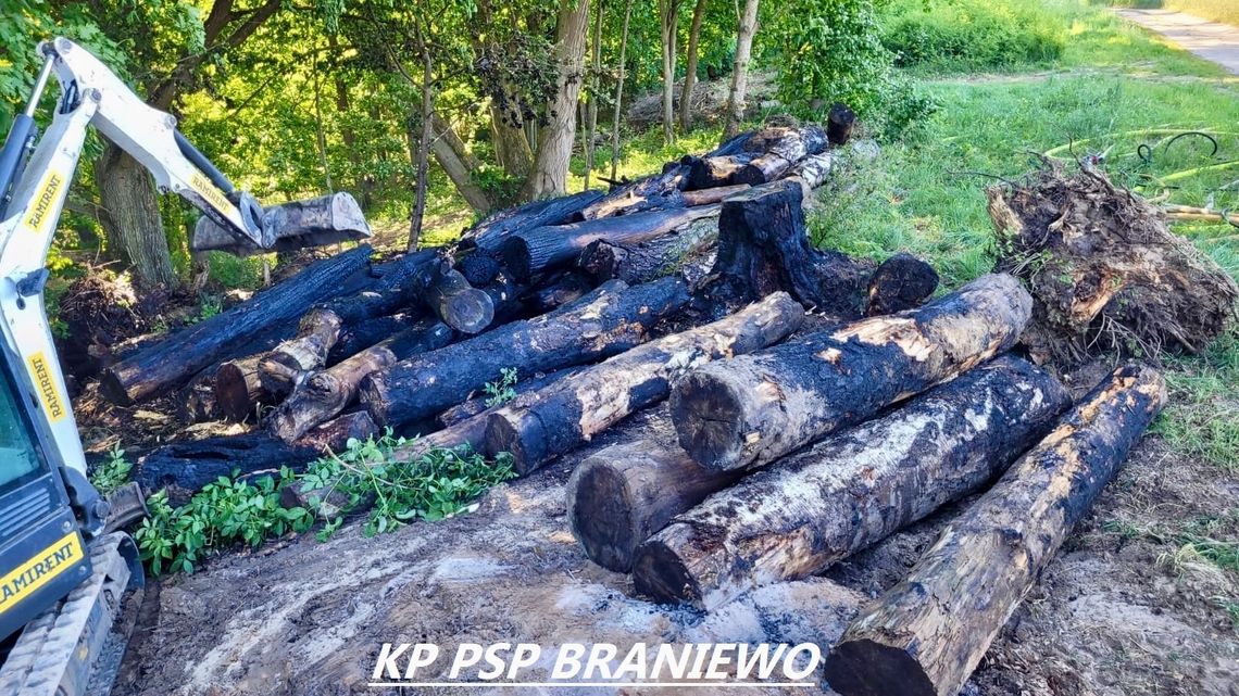 Pożar drewna. Tlące się kłody rozgarnięto koparką