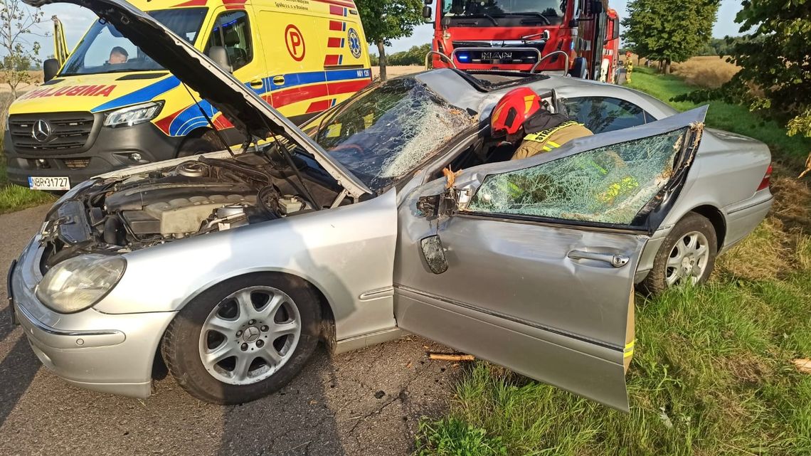 AKTUALIZACJA. Uderzył bokiem w przydrożne drzewo. Ranny trafił do szpitala