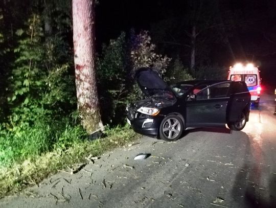 Volvo uderzyło w drzewo / Fot. mł. bryg. Ireneusz Ścibiorek – oficer prasowy KP PSP w Braniewie